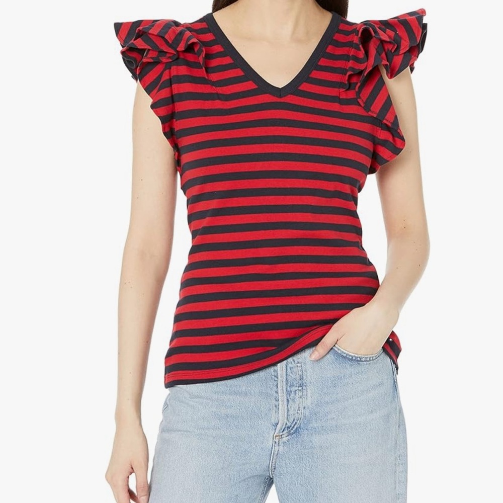 Tommy Striped Ruffle Sleeve Top - Red and Black